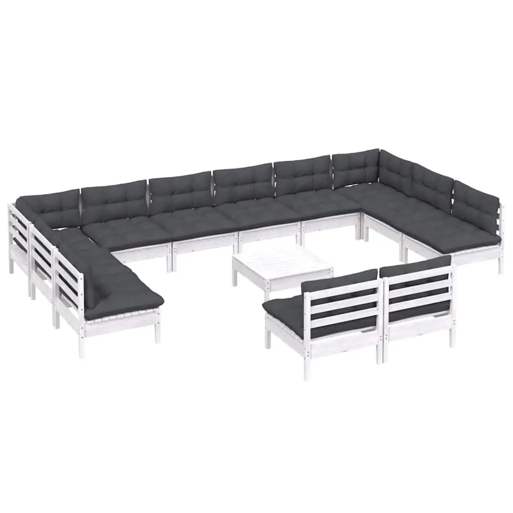 Garden Lounge Set White Solid Pinewood 13 Piece Patio Furniture with Cushions