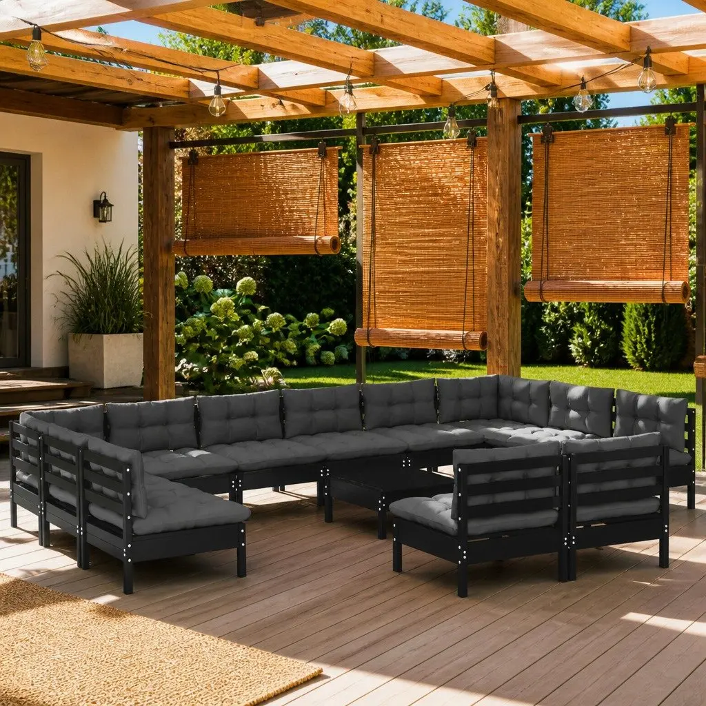 Garden Lounge Set 13 Piece Outdoor Patio Furniture with Cushions Black Pinewood