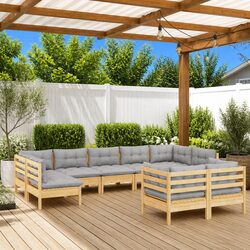 Garden Lounge Set 9 Piece Outdoor Patio Furniture with Grey Cushions Pinewood