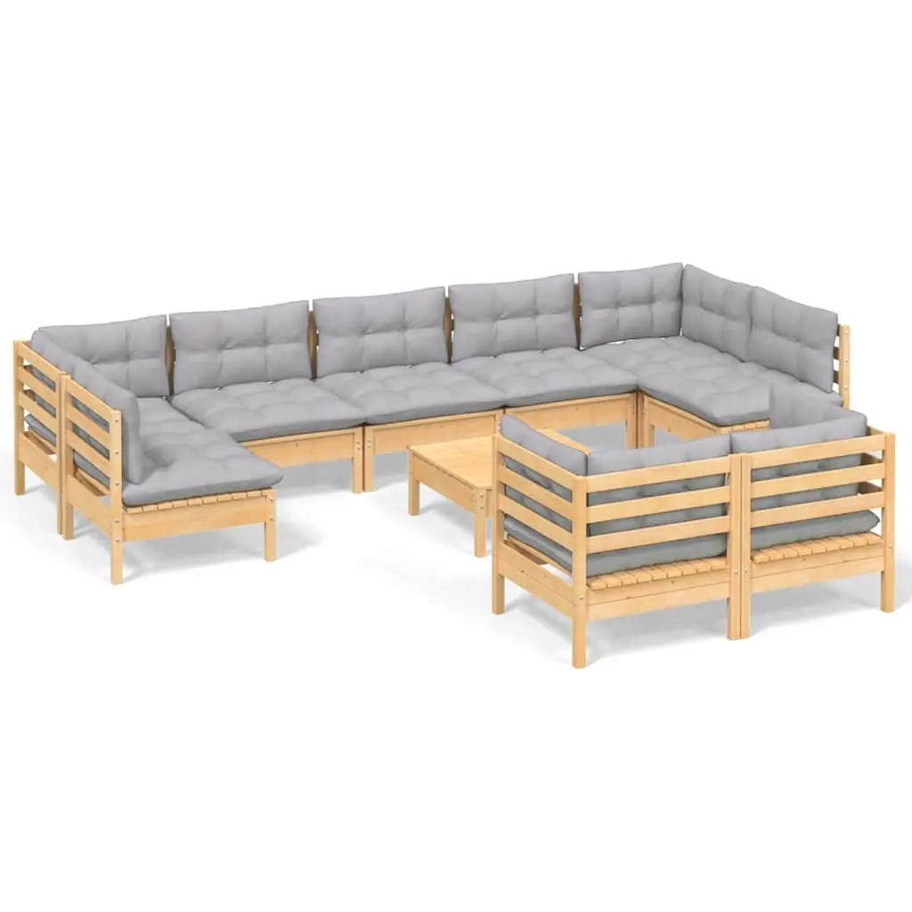 Garden Lounge Set 10 Piece Solid Pinewood Patio Furniture Grey Cushions Modular