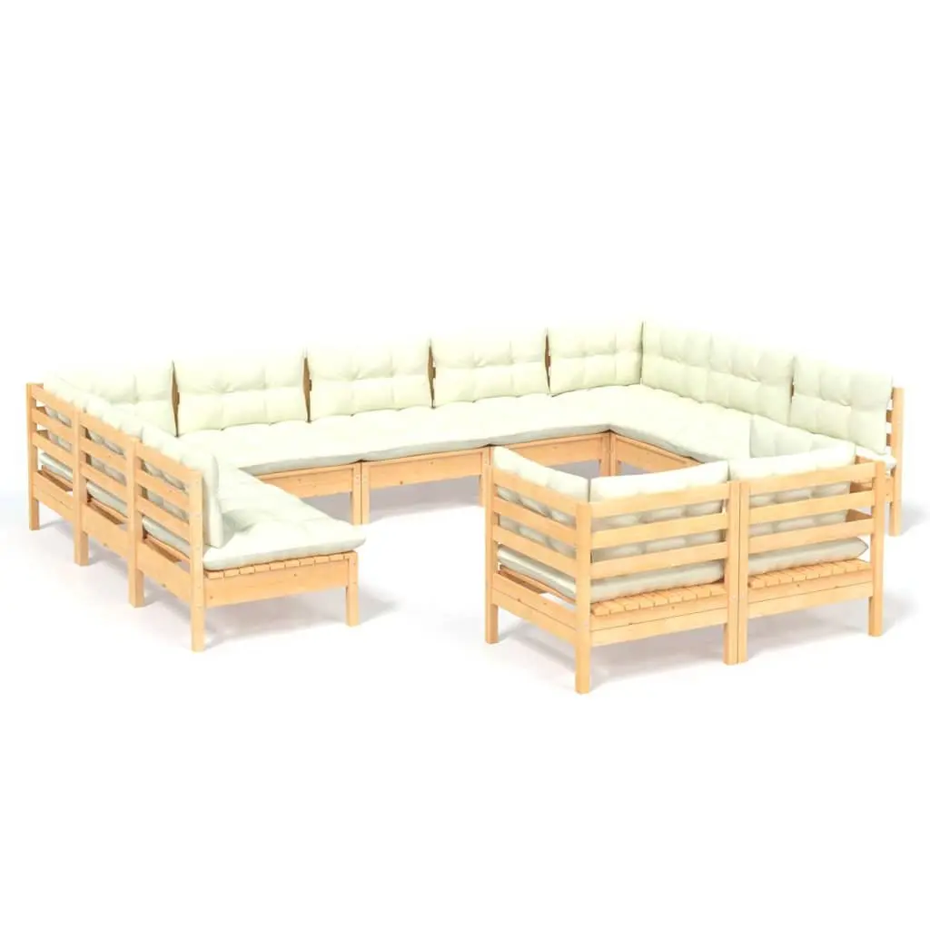 Outdoor Lounge Set Modular Solid Pinewood Cream 11 Piece