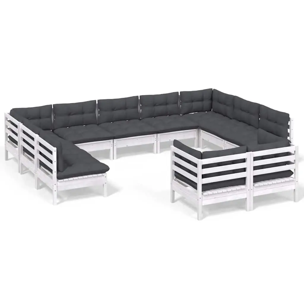 Garden Lounge Set White Solid Pinewood 11 Piece Patio Furniture with Cushions
