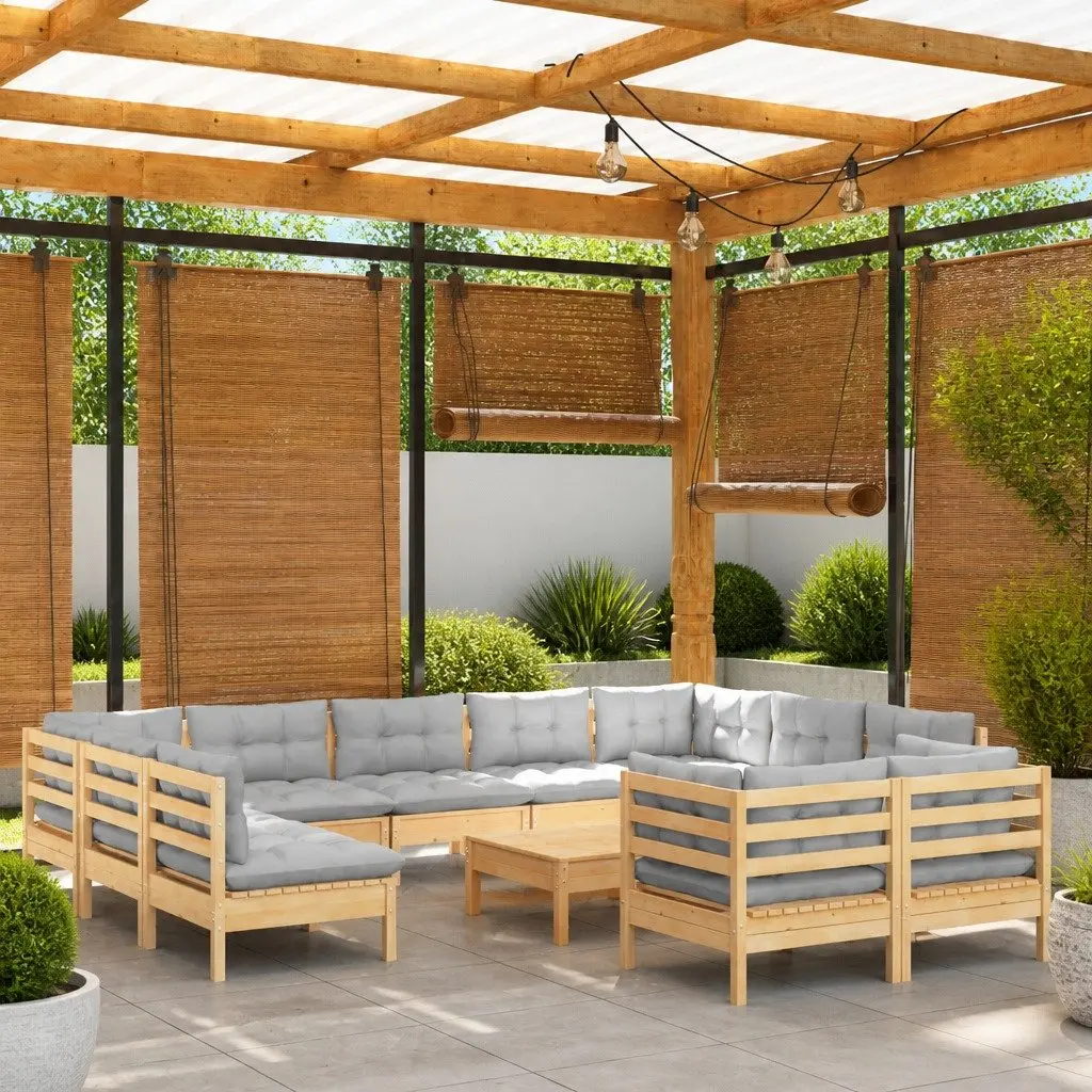 Garden Lounge Set 12 Piece Outdoor Patio Furniture Grey Cushions Pinewood