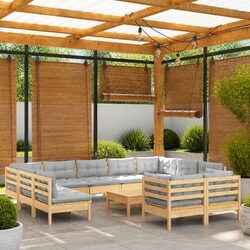 Garden Lounge Set 12 Piece Outdoor Patio Furniture Grey Cushions Pinewood