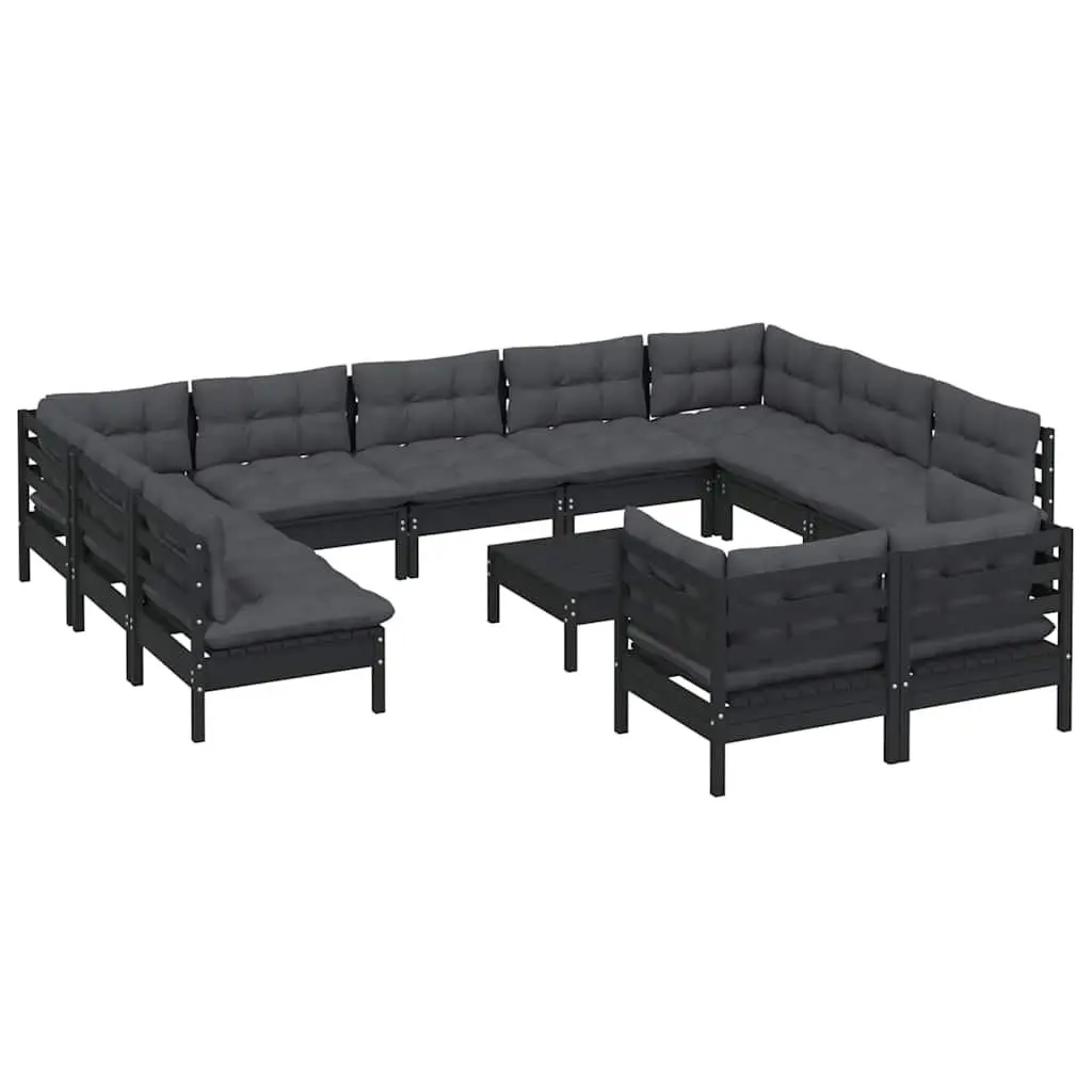 Garden Lounge Set 12 Piece Outdoor Furniture Black Pinewood with Cushions
