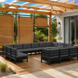 Garden Lounge Set 13 Pieces Black Pinewood Outdoor Patio Furniture with Cushions