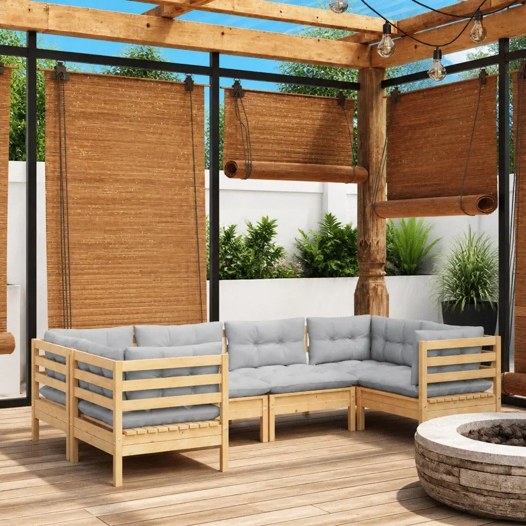 Modular 6 Piece Outdoor Lounge Set Solid Pinewood with Grey Cushions