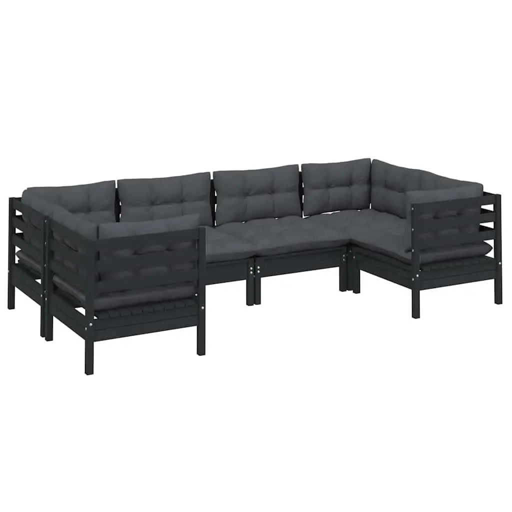 Garden Lounge Set 6 Piece Black Pinewood Outdoor Furniture with Cushions