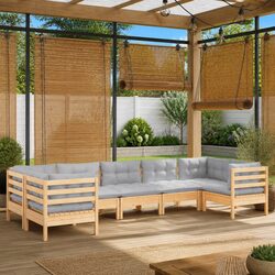 Your Ideal 7-Piece Pinewood Lounge Set with Grey Cushions