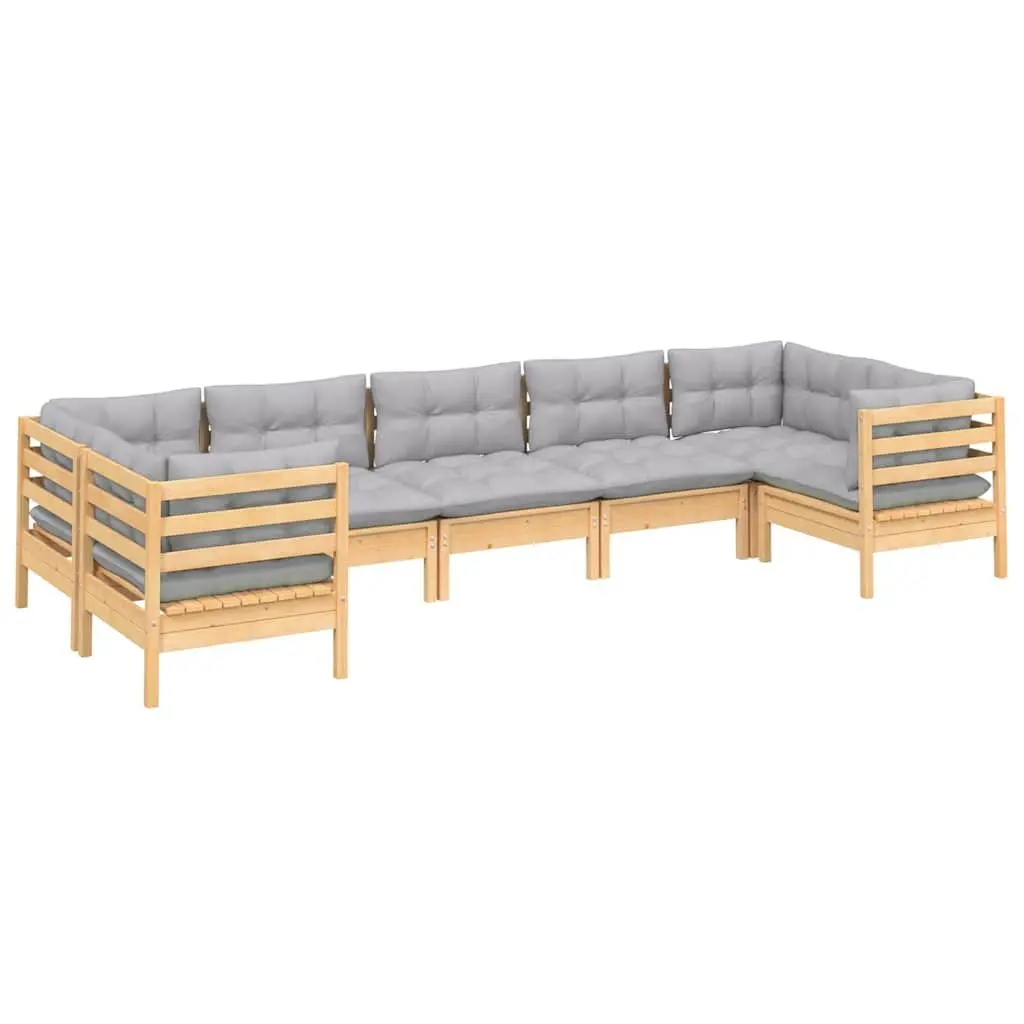 Wooden Garden Lounge Set 7 Piece Outdoor Furniture with Grey Cushions Pinewood
