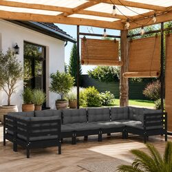 7 Piece Garden Lounge Set with Cushions Black Pinewood Outdoor Patio Furniture