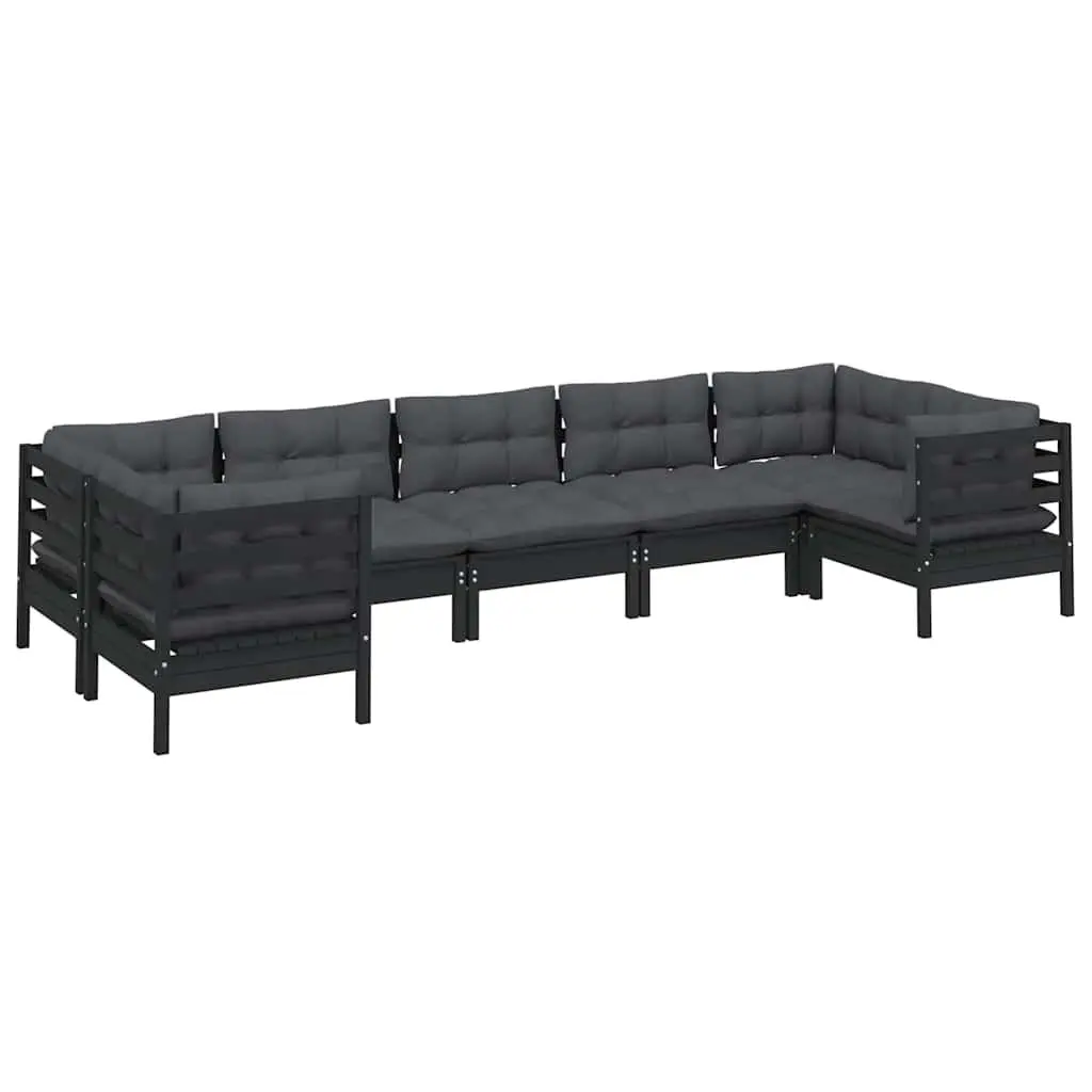 7 Piece Garden Lounge Set with Cushions Black Pinewood Outdoor Patio Furniture