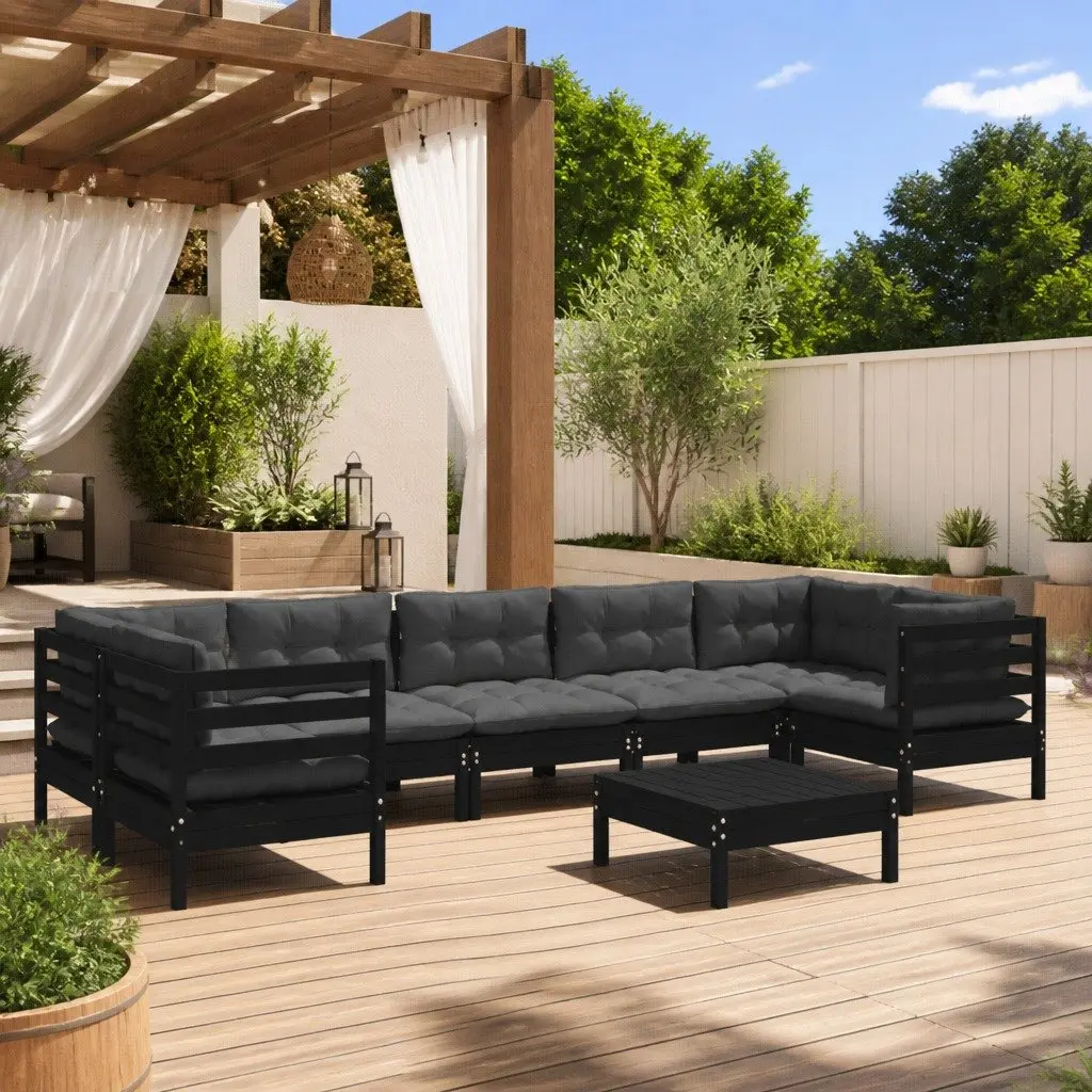 Garden Lounge Set 8 Piece Outdoor Furniture Black Pinewood with Cushions Modular
