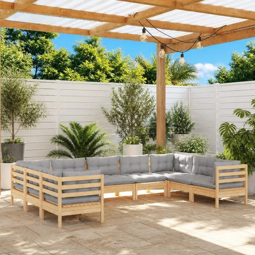 Garden Lounge Set 9 Piece Outdoor Patio Furniture Grey Cushions Pinewood