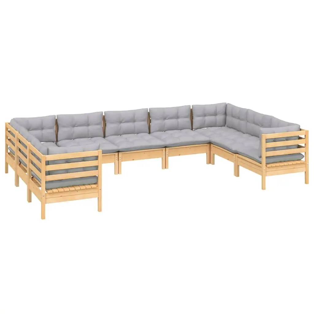 Garden Lounge Set 9 Piece Outdoor Patio Furniture Grey Cushions Pinewood