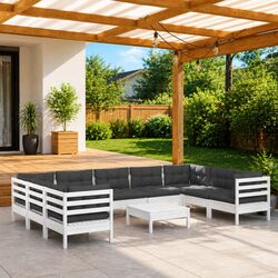 Garden Lounge Set 10 Piece Outdoor Patio Furniture White Pinewood with Cushions