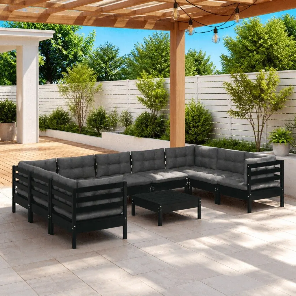 Modular Garden Lounge Set 10 Piece Pinewood Patio Furniture Black with Cushions