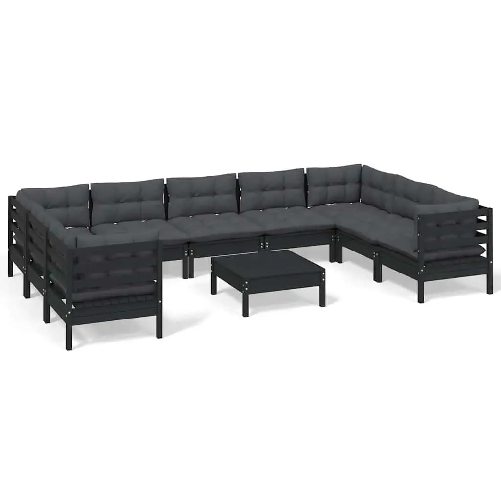 Modular Garden Lounge Set 10 Piece Pinewood Patio Furniture Black with Cushions