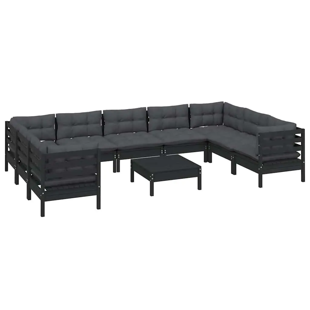 Modular Garden Lounge Set 10 Piece Pinewood Patio Furniture Black with Cushions
