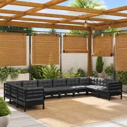 Garden Lounge Set 10 Piece Black Pinewood Outdoor Furniture with Cushions