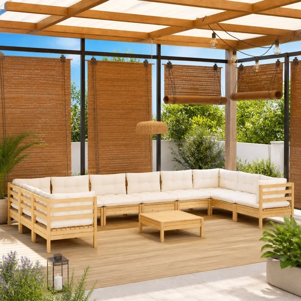Modular Garden Lounge Set 11 Piece Solid Pinewood with Cream Cushions for Outdoor Patio
