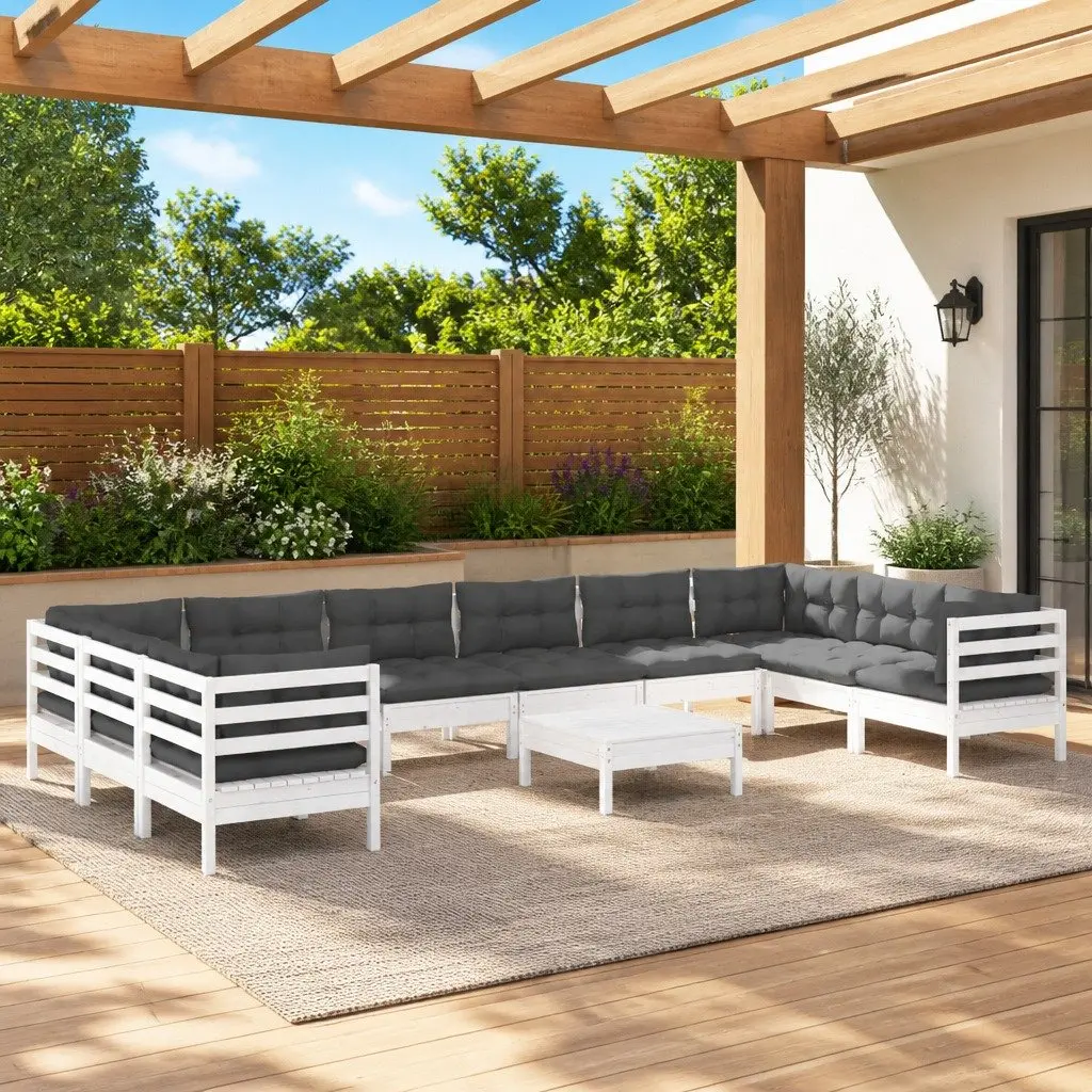 11 Piece Modular Wooden Lounge Set with Cushions for Outdoor Patio Furniture White