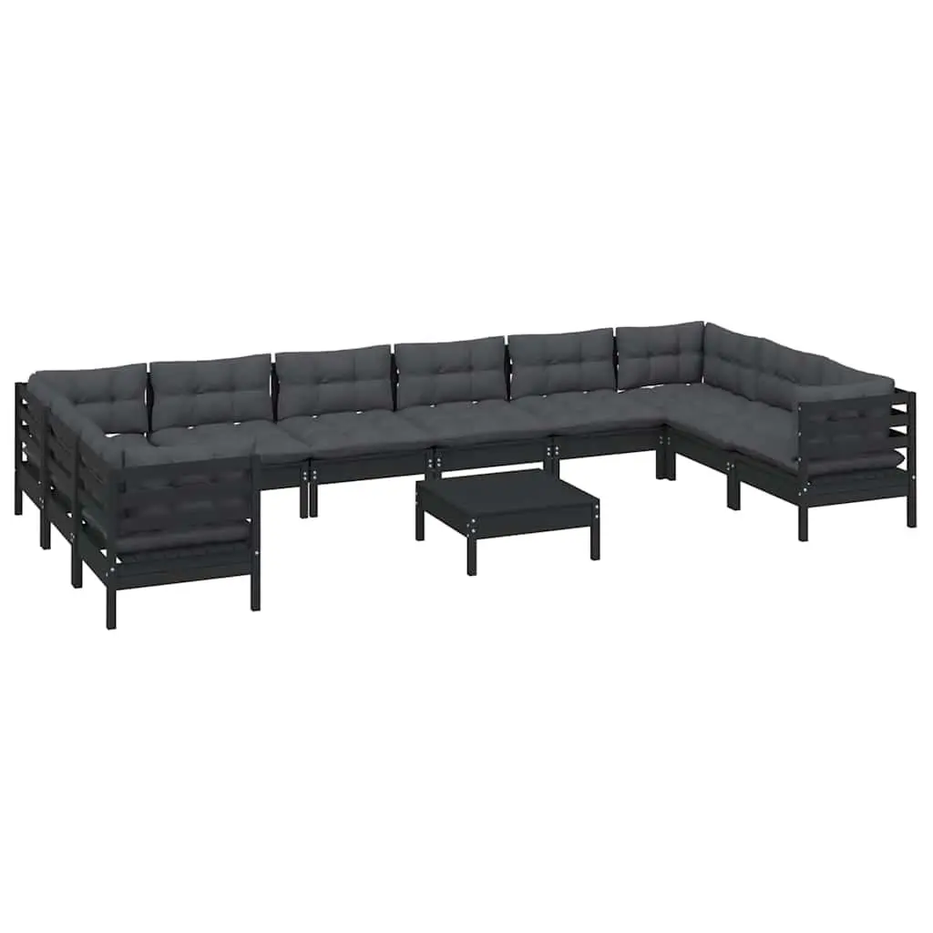 Garden Lounge Set 11 Piece Outdoor Furniture Black Pinewood with Cushions