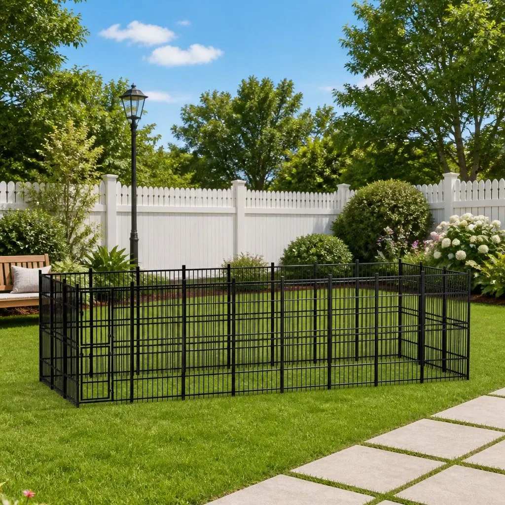 Dog Kennel Steel Outdoor Enclosure Black 22.12 m² Play Area