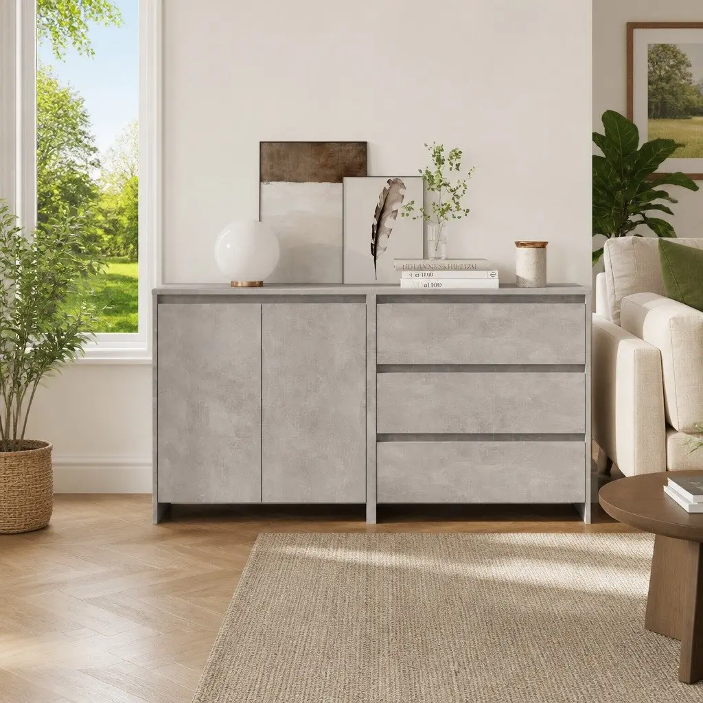 Sideboard Storage Cabinet Grey 2 Piece Modern Furniture