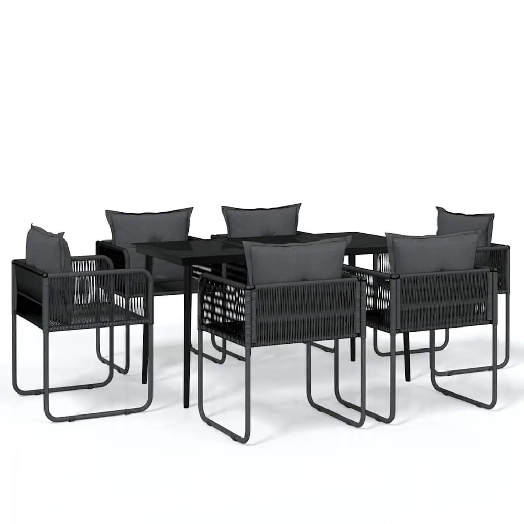 7 Piece Garden Dining Set Rattan Chairs with Back Pillows Glass Table Black Steel Frame