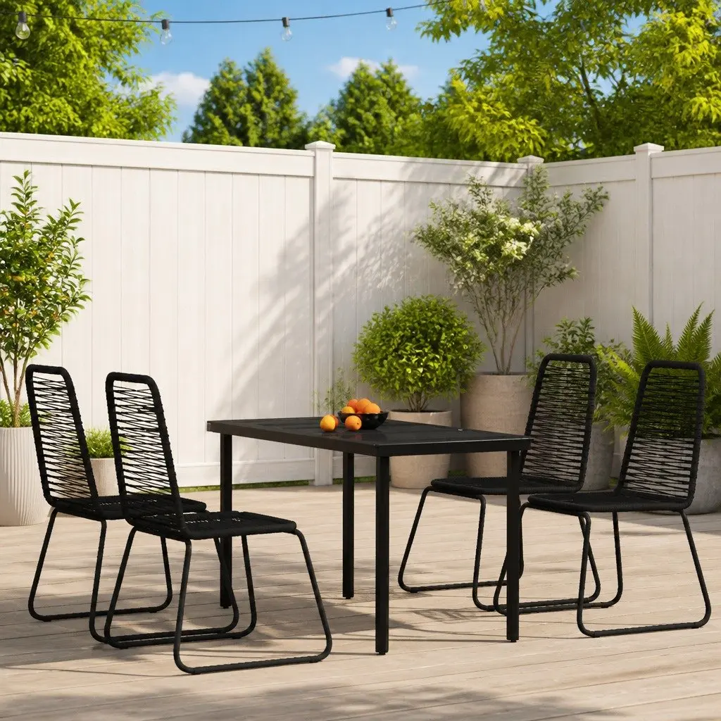 Outdoor Dining Set 5 Piece Black Rattan Chairs Glass Table Powder Coated Steel Frame