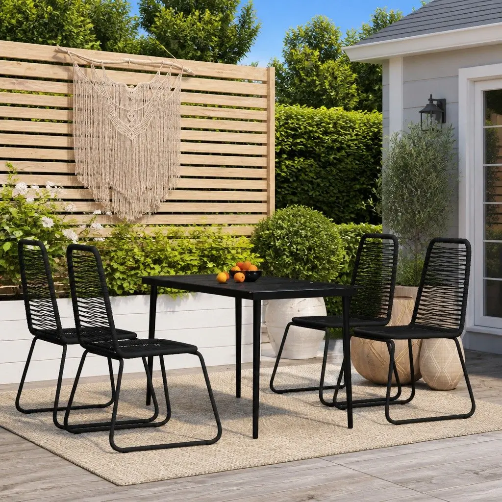 Outdoor Dining Set Black Steel Frame Glass Table with Rattan Chairs 5 Piece