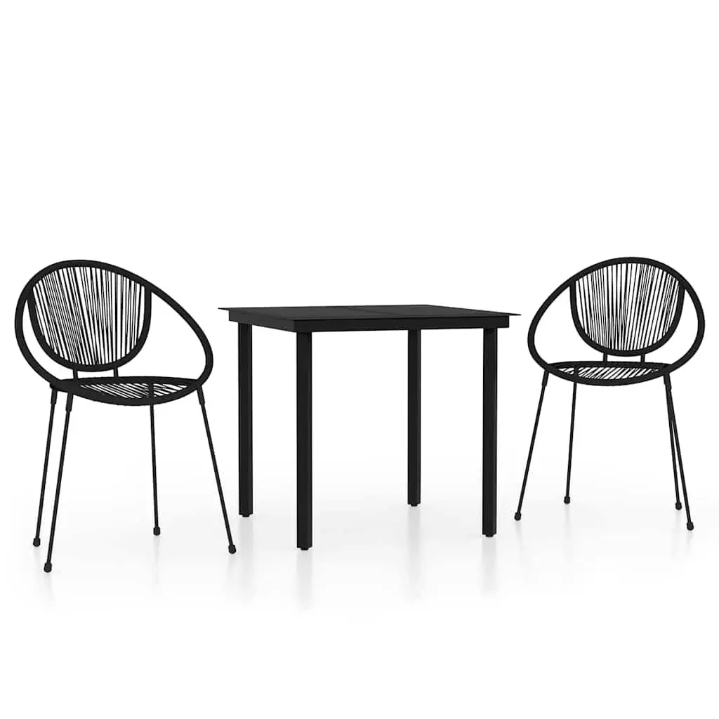 Garden Dining Set Black Glass Table Steel Frame 3 Piece Outdoor Patio Chairs