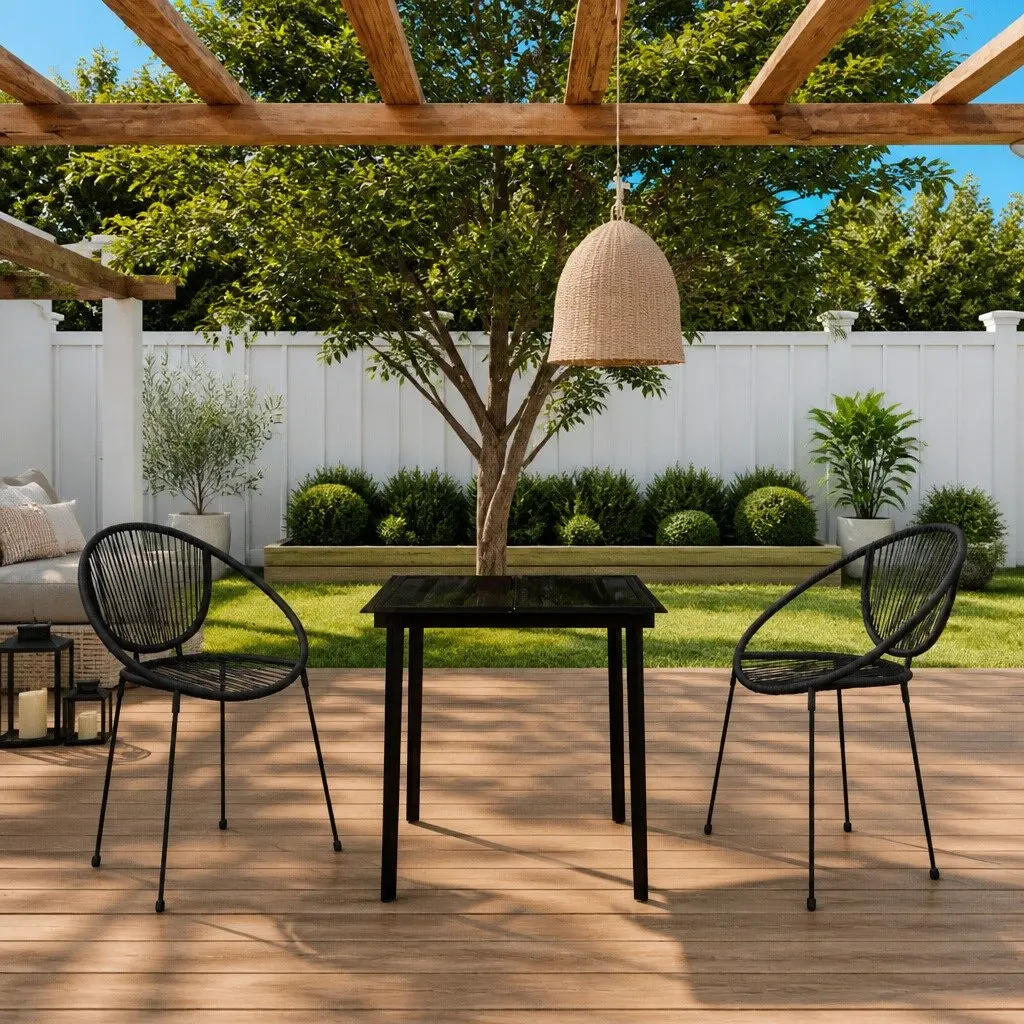 Outdoor Dining Set Rattan Chairs with Glass Top Table 3 Piece Black