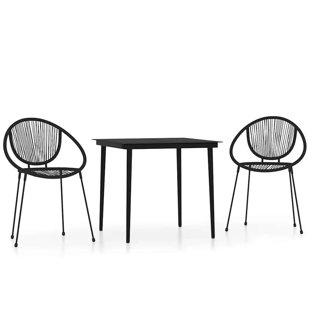 Outdoor Dining Set Rattan Chairs with Glass Top Table 3 Piece Black