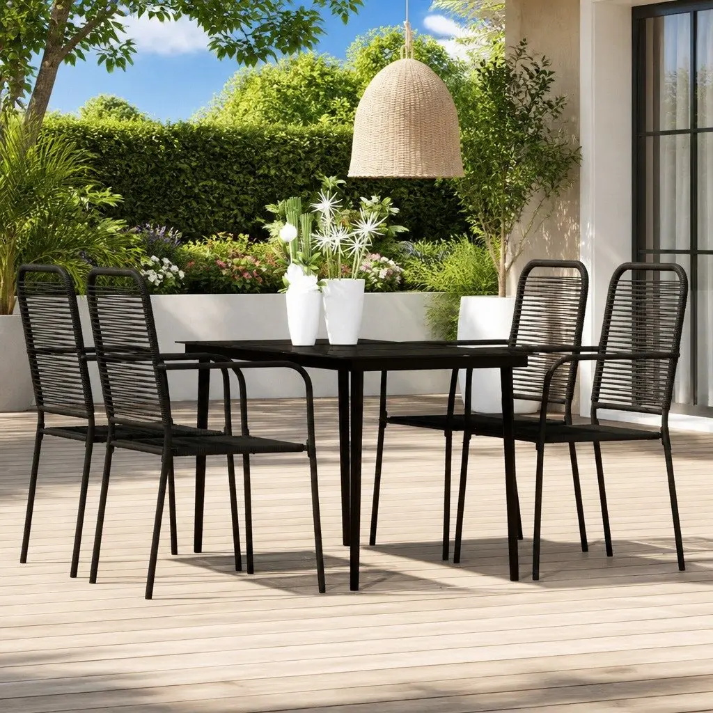 5 Piece Garden Dining Set Outdoor Patio Furniture Black Steel Frame Glass Table