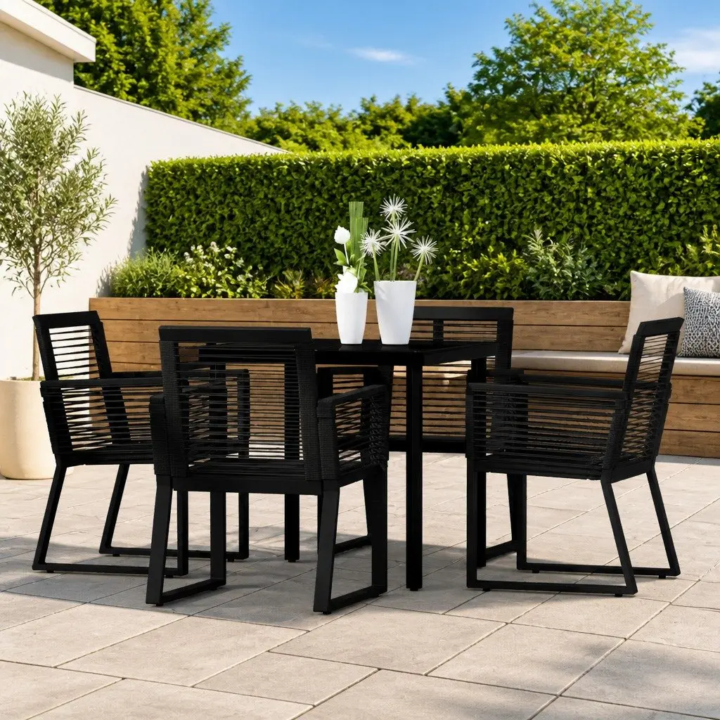 Outdoor Dining Set Black Steel Frame with Glass Table and Four Chairs