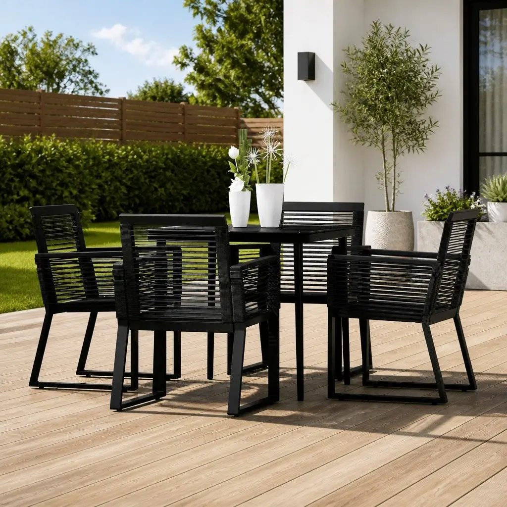 Outdoor Dining Set 5 Piece Black Steel Glass Table and Rattan Chairs