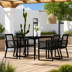 5 Piece Dining Set for Outdoors - Black Steel & Rattan