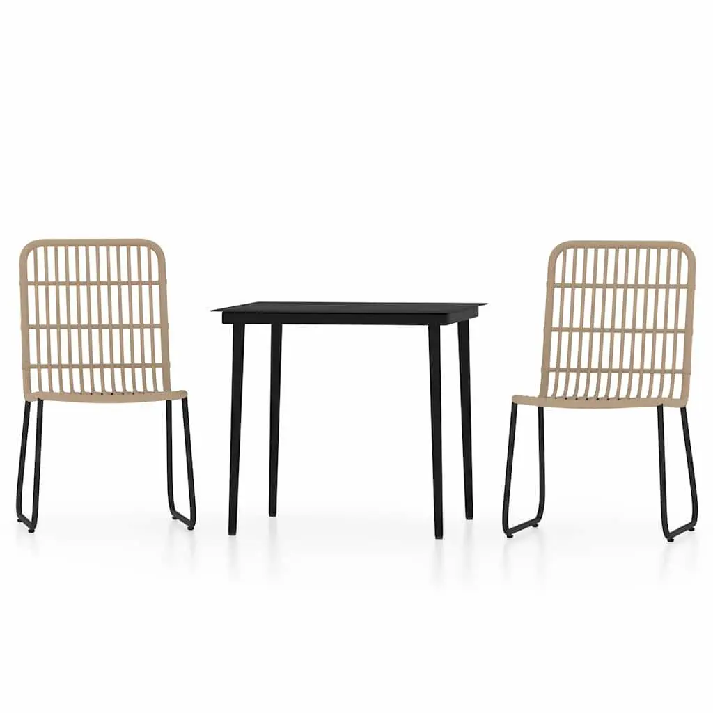Garden Dining Set 3 Piece Steel Frame Glass Table PE Rattan Chairs
