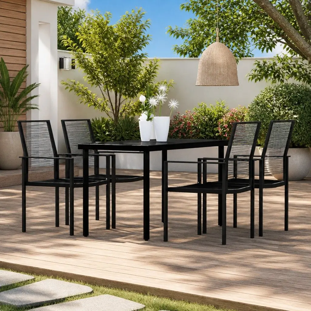 Garden Dining Set Black Steel Rattan 5 Piece Outdoor Patio Table Chairs