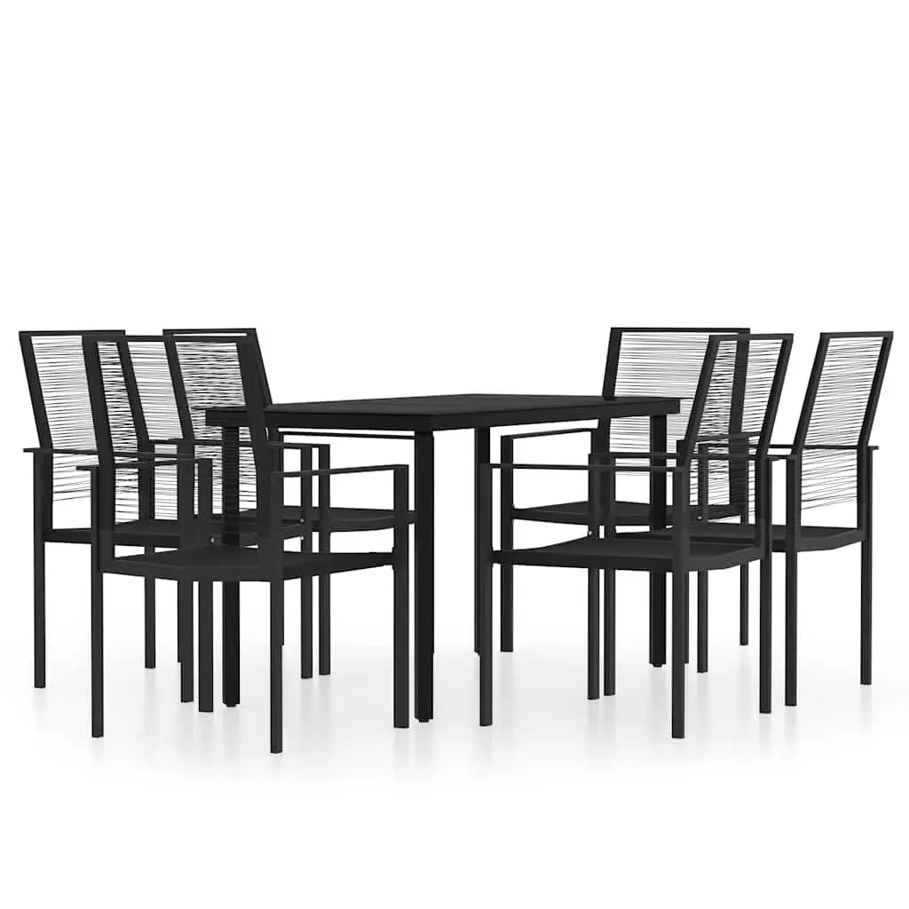 7 Piece Rattan Chair Outdoor Dining Set Black Glass Table Durable Powder-Coated Steel Frame