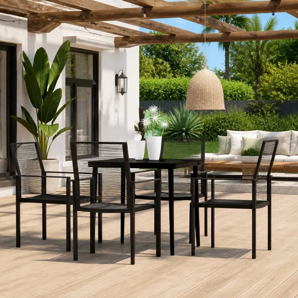 5 Piece Garden Dining Set Outdoor Patio Table Glass Top Black Steel Rattan Chairs