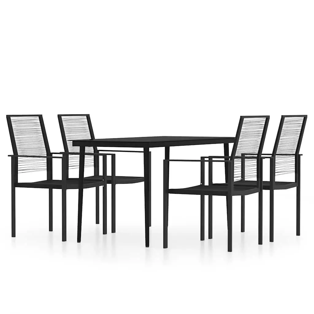 5 Piece Garden Dining Set Glass Top Powder Coated Steel Frame Water Resistant PVC Rattan Chairs Black