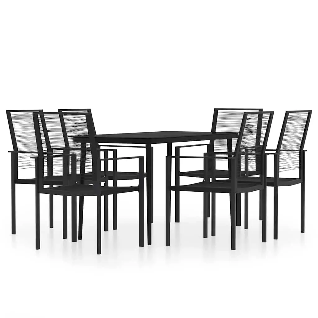 7 Piece Garden Dining Set Black Powder-Coated Steel Frame Glass Top Rattan Chairs