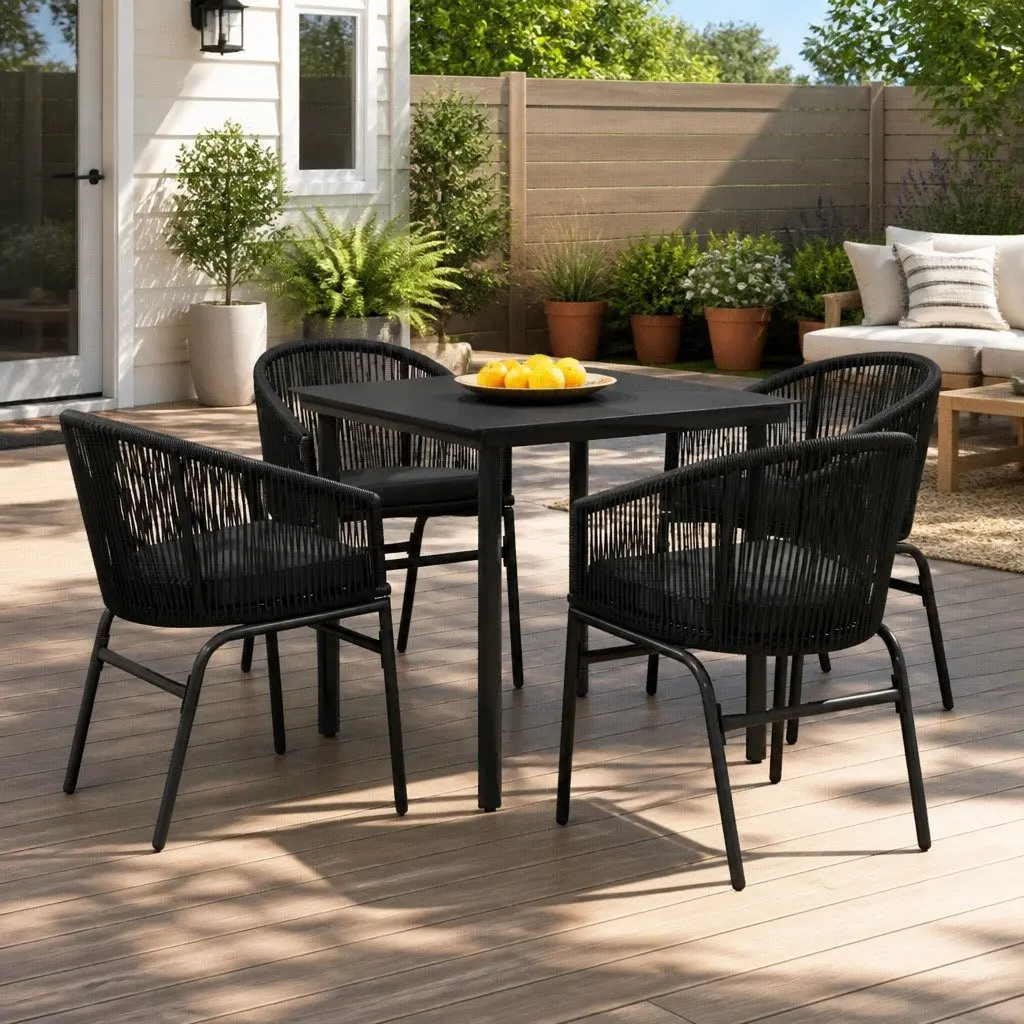 5 Piece Outdoor Dining Set Black Glass Table with Steel Frame and PVC Rattan Chairs