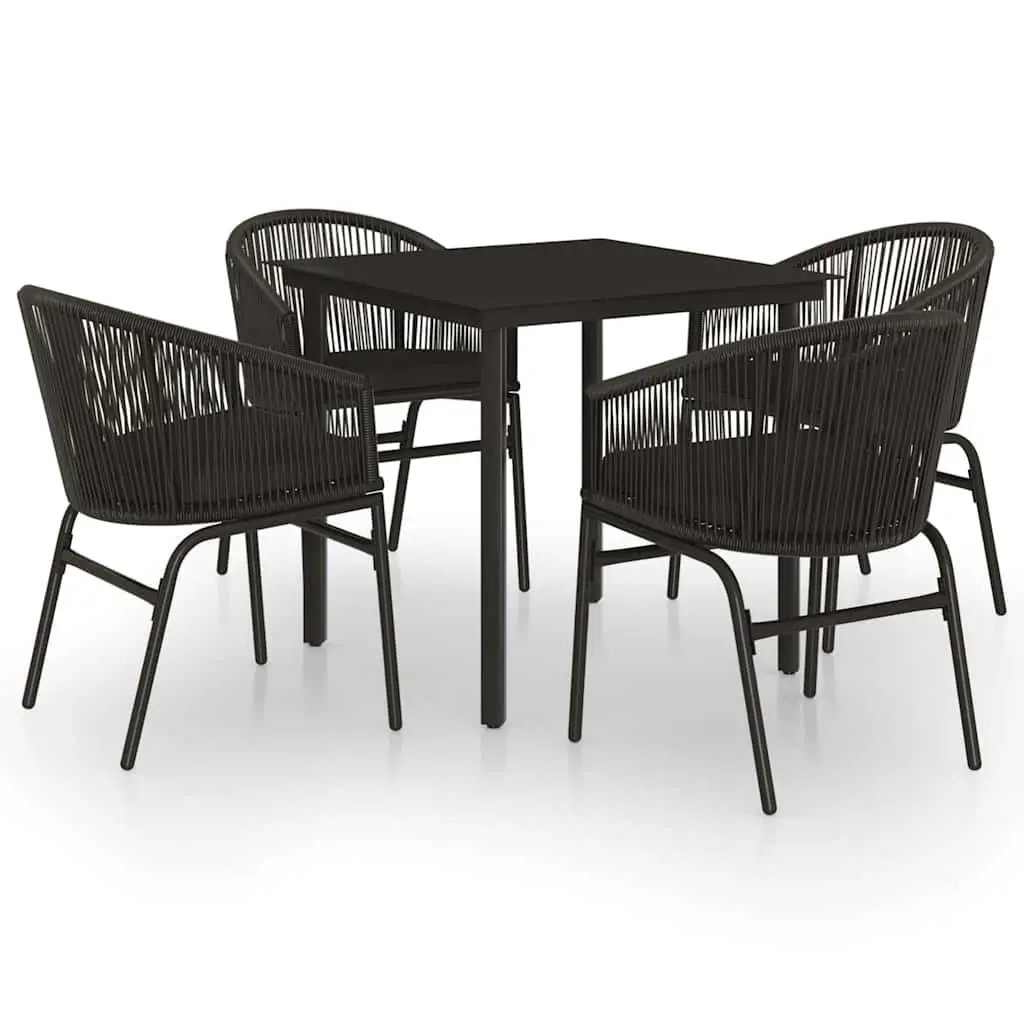 5 Piece Outdoor Dining Set Black Glass Table with Steel Frame and PVC Rattan Chairs