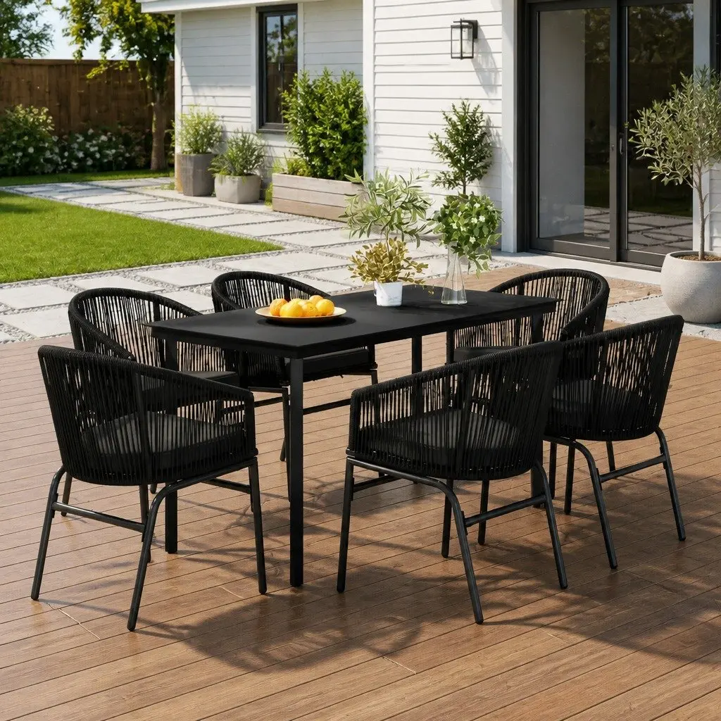 7 Piece Outdoor Garden Dining Set Black Steel Frame Glass Table with 6 PVC Rattan Chairs and Cushions