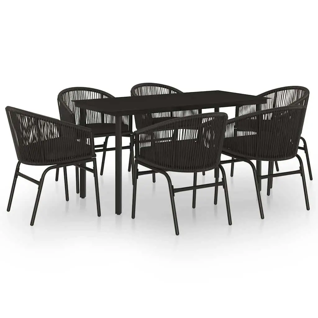 7 Piece Outdoor Garden Dining Set Black Steel Frame Glass Table with 6 PVC Rattan Chairs and Cushions