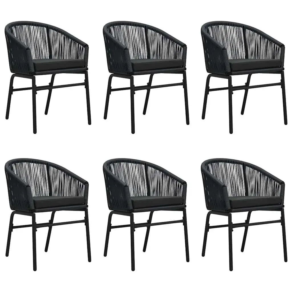 7 Piece Outdoor Garden Dining Set Black Steel Frame Glass Table with 6 PVC Rattan Chairs and Cushions